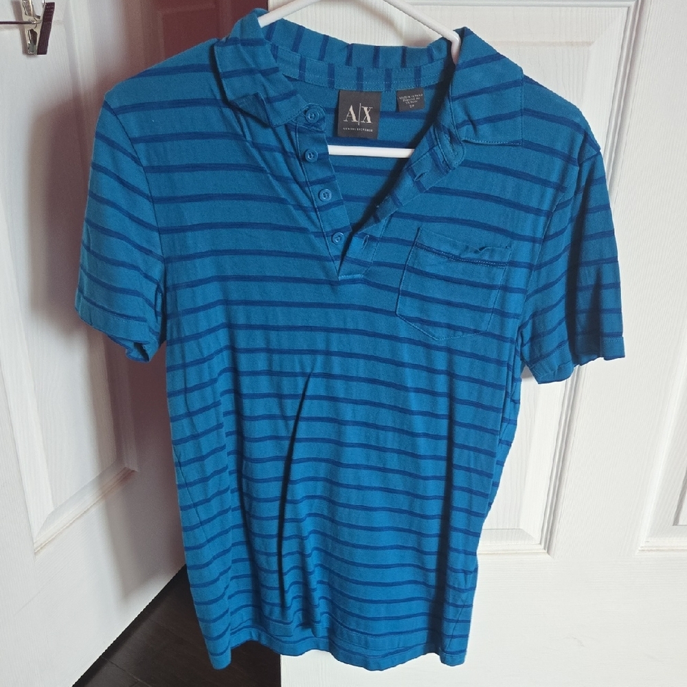 A/X Armani Exchange Teal and Navy Striped Short-Sleeve Polo